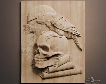 Raven on Skull Relief – 3D Wood Carving STL File for CNC Router