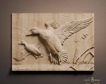 Flying Ducks Marsh Relief – 3D Wood Carving STL File for CNC Router
