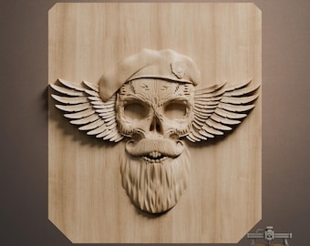 Winged Skull Veteran Relief – 3D Wood Carving STL File for CNC Router