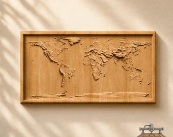 Topographic World Map Relief – 3D Wood Carving STL File for CNC Router