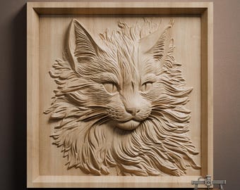 Cat Portrait Relief – 3D Wood Carving STL File for CNC Router