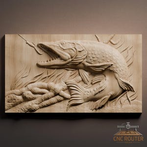 May include: A wooden relief carving of a fish with an open mouth, hook, and line. The fish is detailed with scales and fins, and is set against a background of aquatic plants and a log. The artwork is mounted on a rectangular wooden panel.