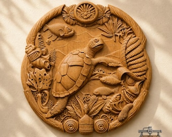 Sea Turtle Ocean World Relief – 3D Wood Carving STL File for CNC Router