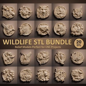 Può includere: Una collezione di 20 modelli in rilievo raffiguranti vari animali selvatici, tra cui orsi, lupi e uccelli. Il testo "WILDLIFE STL BUNDLE" è in oro. Questi modelli sono progettati per progetti CNC.
