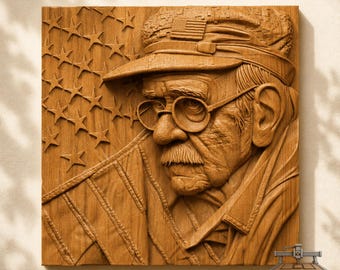 Veteran with US Flag Relief – 3D Wood Carving STL File for CNC Router