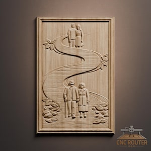 May include: Wooden wall art featuring a carved relief of a couple walking on a winding path, with another couple at the top. The artwork is framed and includes leaves and rocks. The text "CNC ROUTER IDEAS" is at the bottom.