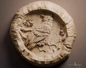 Owl Forest Round Plaque Relief – 3D Wood Carving STL File for CNC Router