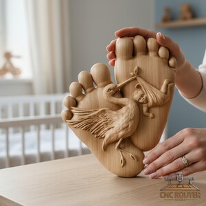 May include: A wooden carving of two baby footprints with a stork carrying a baby in a blanket. The carving is made of light-colored wood and is set on a wooden surface. The stork has detailed wings and is holding the baby in its beak.