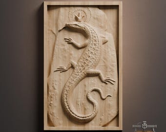 Crowned Lizard Queen Relief – 3D Wood Carving STL File for CNC Router