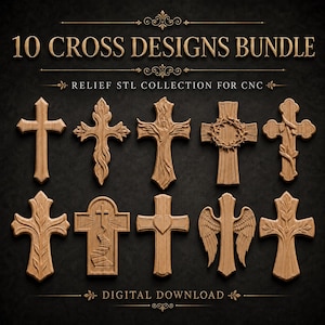 Pode incluir: Uma coleção digital de 10 designs de cruzes com textura de madeira para entalhe em relevo CNC. A imagem exibe 10 formas de cruz distintas, incluindo motivos florais, alados e de coração, com o texto 10 CROSS DESIGNS BUNDLE e DIGITAL DOWNLOAD.