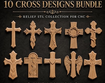Può includere: Una collezione digitale di 10 design di croci con texture in legno per intaglio a rilievo CNC. L'immagine mostra 10 forme di croce distinte, inclusi motivi floreali, alati e a cuore, con il testo 10 CROSS DESIGNS BUNDLE e DIGITAL DOWNLOAD.