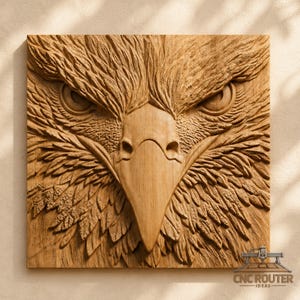 May include: A square wooden wall plaque featuring a detailed relief carving of an eagle's face. The natural wood grain is visible throughout the intricate feathers and sharp, focused eyes. The bottom right corner displays the text CNC ROUTER IDEAS.