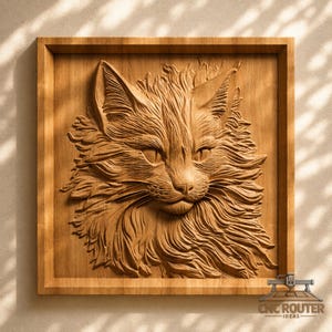 Cat Portrait Relief – 3D Wood Carving STL File for CNC Router