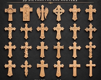 May include: A collection of 24 light brown wooden cross designs arranged in a grid, labeled 24 CROSS BUNDLE 3D STL FILES FOR CNC ROUTERS. Each cross features unique carved details, including floral patterns, wings, and religious symbols.
