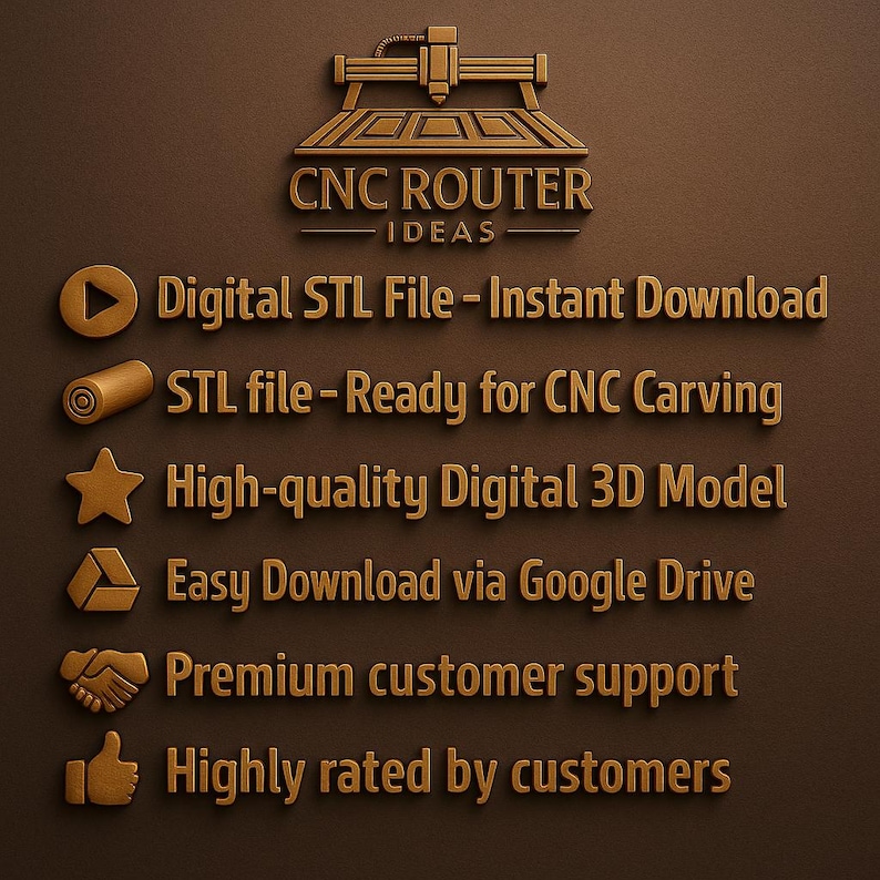 May include: A brown graphic with the text "CNC ROUTER IDEAS" and bullet points describing digital STL files for CNC carving. The image highlights features like instant download, high-quality 3D models, and premium customer support.