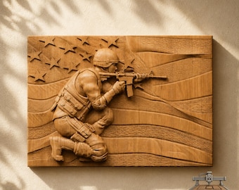American Soldier with Flag Relief: 3D Wood Carving STL File (Digital Download)
