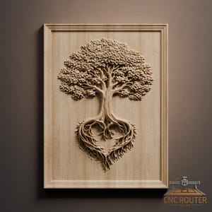 May include: A wooden wall art piece featuring a detailed relief carving of a tree. The tree's roots form a heart shape, and the design is framed. The natural wood color and intricate details create a rustic, artistic aesthetic.