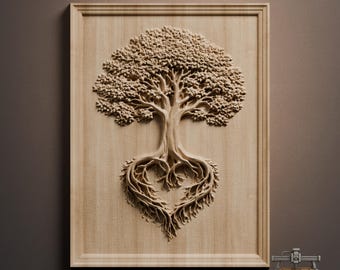 Árbol de la Vida con raíces en forma de corazón – Archivo STL para tallado en madera 3D para fresadora CNC