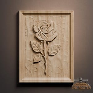 May include: A wooden relief carving of a rose in full bloom, set within a rectangular frame. The rose, with detailed petals and leaves, is the focal point. The wood has a natural, light brown color, and the carving is set against a textured background.