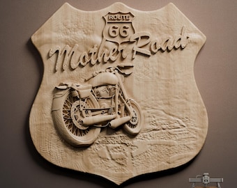 Route 66 3D Holzschnitzerei STL-Datei: Motorrad Relief (Digitaler Download)