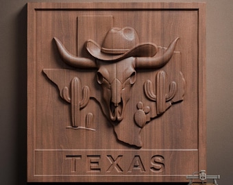 Texas Longhorn State Plaque Relief – 3D Wood Carving STL File for CNC Router