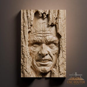 May include: A carved wooden relief sculpture of a man's face, framed by a textured, bark-like border. The man's face is detailed with wrinkles and a stern expression. The artwork is mounted on a rectangular wooden panel.