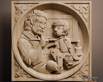 Geppetto and Pinocchio Relief – 3D Wood Carving STL File for CNC Router (Digital Download)