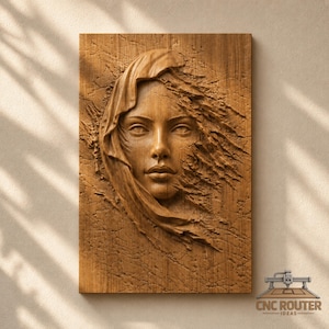 Peut inclure: Une pièce d'art mural rectangulaire en bois présentant une sculpture en haut-relief d'un visage humain partiellement drapé dans du tissu. Le côté droit du visage se fond dans un grain de bois texturé et fragmenté. Le texte CNC ROUTER IDEAS est visible.