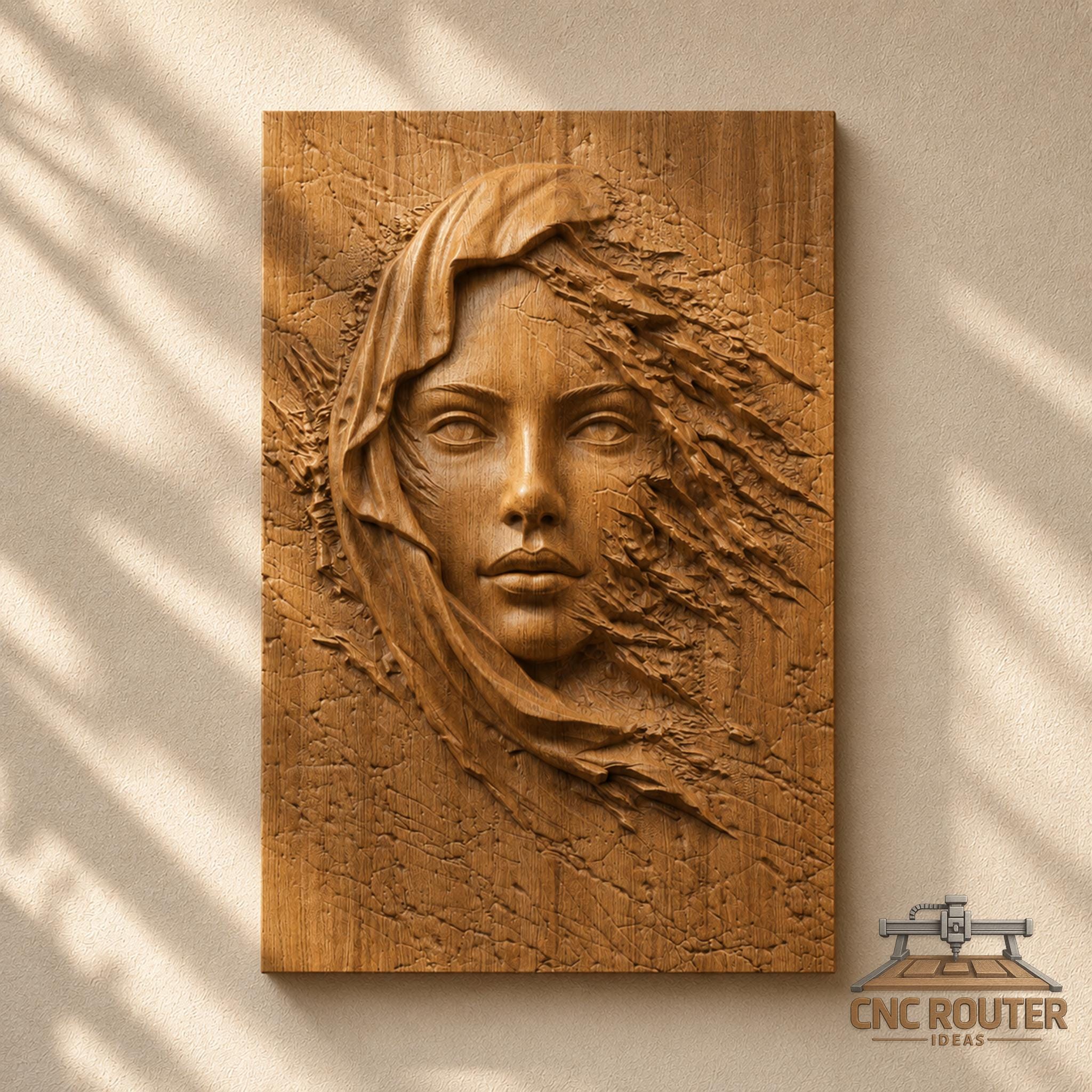 Cracked Stone Woman Face Relief – 3D Wood Carving STL File for CNC
