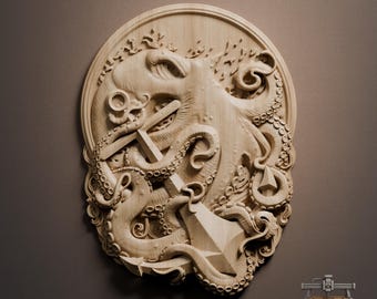 Soulagement de la pieuvre et de l'ancre - Fichier STL de sculpture sur bois 3D pour routeur CNC