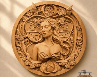 May include: A circular light brown wooden wall plaque featuring a detailed relief carving of a figure with wings, surrounded by butterflies and floral motifs. The carving displays intricate textures and depth, with the text CNC ROUTER IDEAS visible.