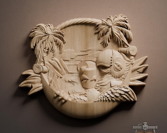 Tropical Parrot Beach Relief – 3D Wood Carving STL File for CNC Router