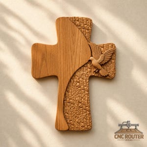 May include: A wooden cross featuring a dual-texture design with a smooth, light brown wood grain on the left side and a rough, bark-like textured surface on the right. A carved wooden dove with spread wings is attached to the right side.