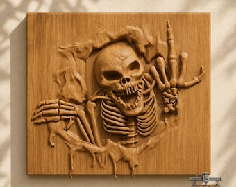 Skeleton Skull Middle Finger Relief – 3D Wood Carving STL File for CNC Router