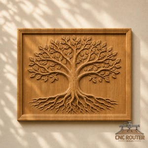 May include: A rectangular wooden wall plaque featuring a detailed relief carving of a tree with an expansive canopy of leaves and visible roots. The natural light brown wood grain is visible throughout the piece, which is framed by a simple border.