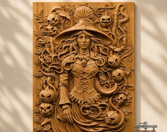 Witchy Halloween Lady Relief – 3D Wood Carving STL File for CNC Router