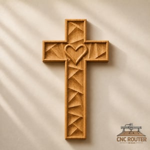 May include: A light brown wooden cross featuring a geometric, faceted surface texture and a central heart-shaped carving. The bottom right corner displays the text CNC ROUTER IDEAS with a small graphic of a router machine.