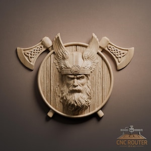 May include: Wooden wall art featuring a carved Viking face with a detailed beard and winged helmet, set within a circular frame. Two axes with Celtic knot designs flank the central figure. The piece is made of light-colored wood.