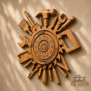 May include: A circular wooden wall clock featuring a central gear design with Roman numerals, surrounded by various carved wooden tools including a hammer, wrench, saw, paintbrush, and drill bit, with the text CNC ROUTER IDEAS at the bottom.