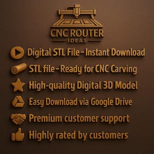 Puede incluir: Gr&aacute;fico marr&oacute;n con el texto "CNC ROUTER IDEAS" y vi&ntilde;etas que describen archivos STL digitales para tallado CNC. La imagen destaca caracter&iacute;sticas como descarga instant&aacute;nea, modelos 3D de alta calidad y atenci&oacute;n al cliente premium.