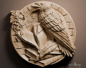 Raven Bird and Book Wood Carving Relief - STL File (Digital Download)