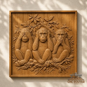 May include: A square wooden wall plaque featuring a detailed relief carving of three monkeys sitting on a branch. The monkeys are depicted in the classic pose of covering their eyes, ears, and mouth. The text CNC ROUTER IDEAS is at the bottom.