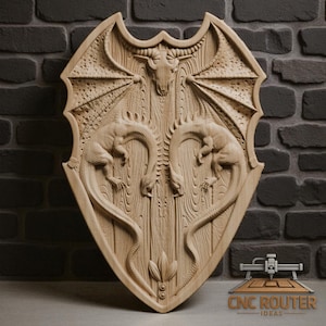 Puede incluir: Un escudo de madera con un diseño de dragón tallado. El escudo presenta dos dragones que flanquean una cabeza de dragón central, con alas y detalles intrincados. El escudo está hecho de madera de color claro y tiene una superficie texturizada.