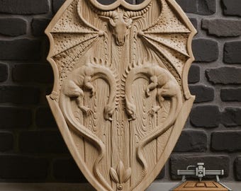 Shield with Dragons - 3D Wood Carving STL File for CNC Router (Digital Download)