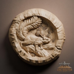 May include: A detailed wooden carving of a squirrel resting on a branch, surrounded by pine needles and a pinecone. The carving is set within a circular, textured wooden frame. The artwork is a natural wood color.