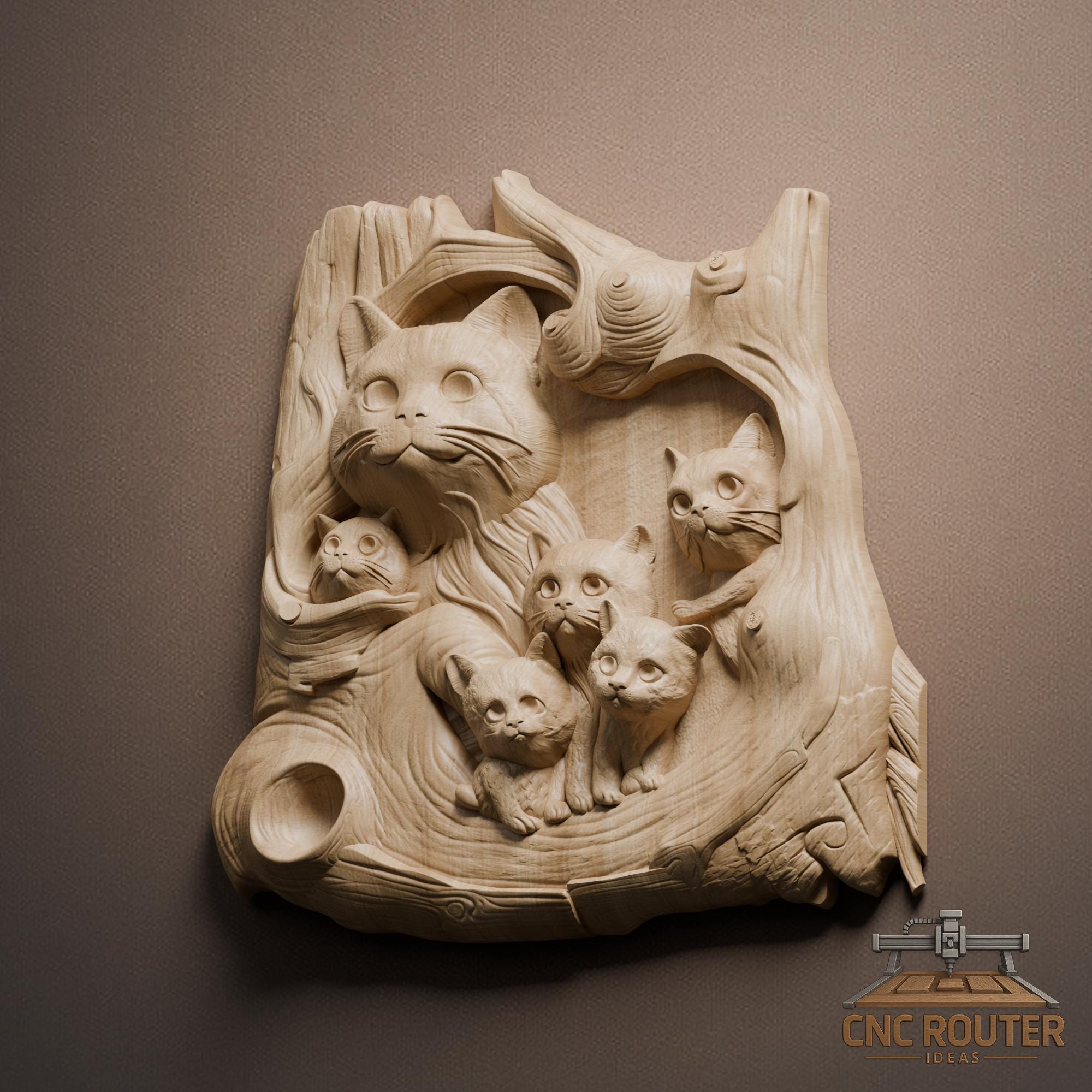 Cat Family in Tree Relief – 3D Wood Carving STL File for CNC Router - Etsy