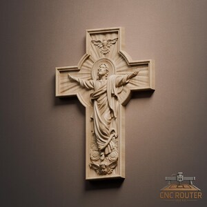 May include: A wooden cross with a carved depiction of Jesus Christ with outstretched arms. The cross features a dove at the top and an angel at the bottom. The image is in a light brown color.
