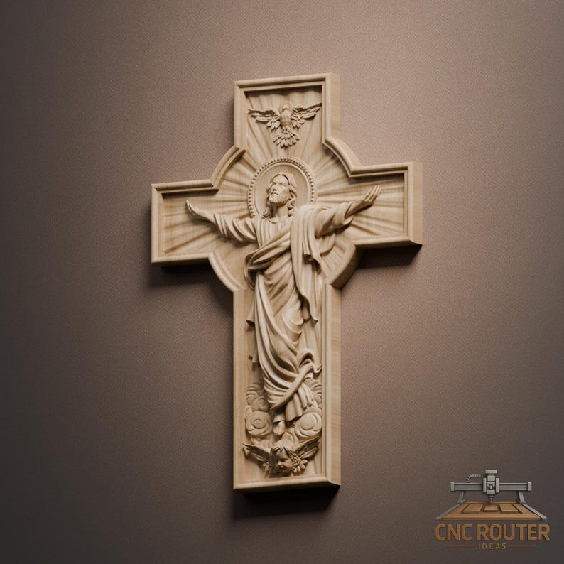 May include: A wooden cross with a carved depiction of Jesus Christ with outstretched arms. The cross features a dove at the top and an angel at the bottom. The image is in a light brown color.