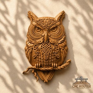 May include: A light brown wooden wall carving of an owl perched on a branch. The owl features intricate, symmetrical scrollwork and geometric patterns across its feathers, head, and chest. The text CNC ROUTER IDEAS is visible in the bottom right.