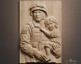 American Soldier with Daughter Relief – 3D Wood Carving STL File for CNC Router